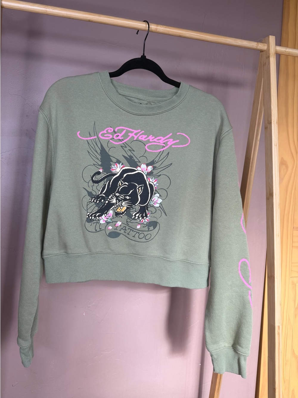 Ed Hardy Sage Green Cropped Sweatshirt with Pink Logo